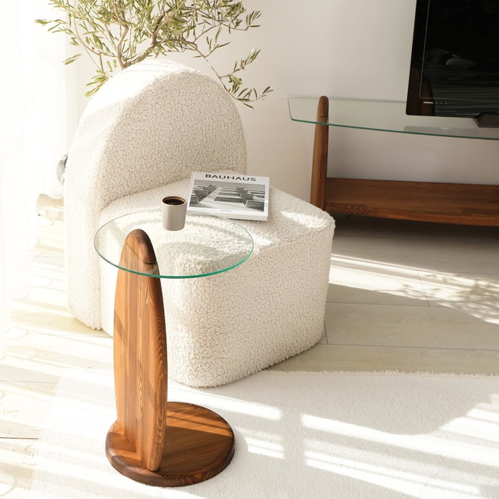 Hanah Home Mesa Auxiliar Castaño y Transparente de Cristal Templado y Madera Maciza 35x53x35 cm